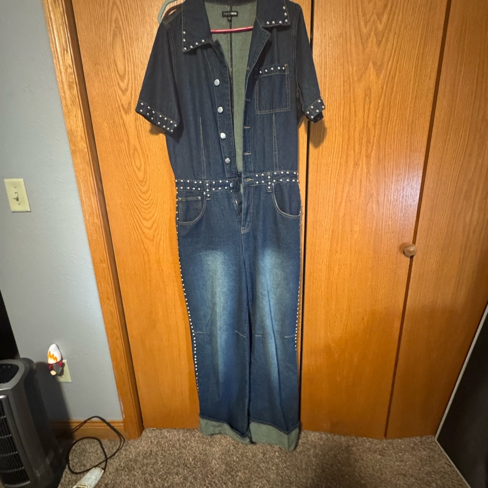 Fashion Nova Blue Denim Wide Leg Jumpsuit